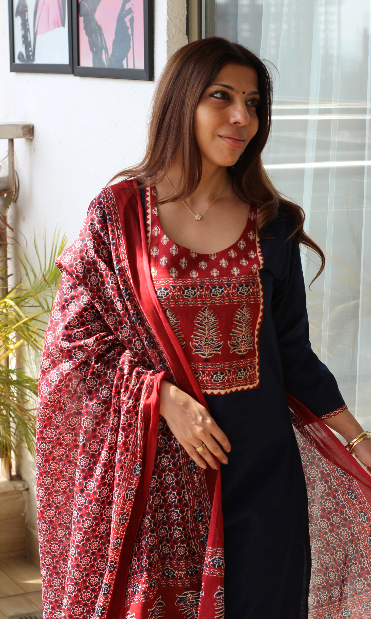 Cotton Blue Ajrakh Motif Neck Kurta, Pant with Printed Dupatta