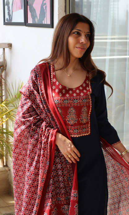 Cotton Blue Ajrakh Motif Neck Kurta, Pant with Printed Dupatta