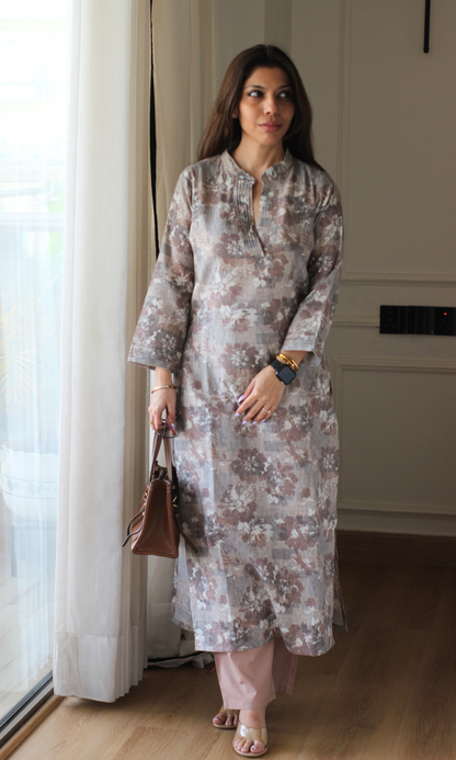 Linen Blend Almond Abstract Flower Kurta with Cotton Pants