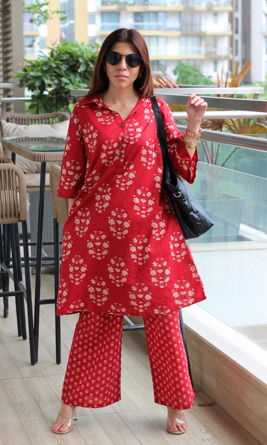 Red Bloom Collard Anti Fit Cotton Co-ord