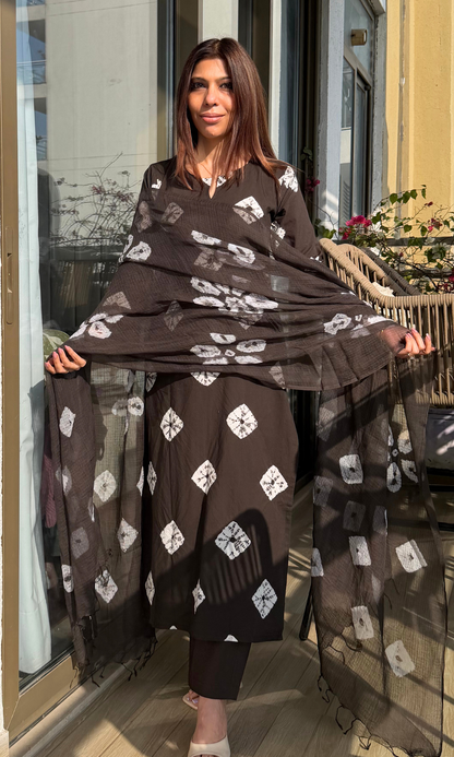 Cotton Charcoal Shibori Print Suit with Kota Dupatta