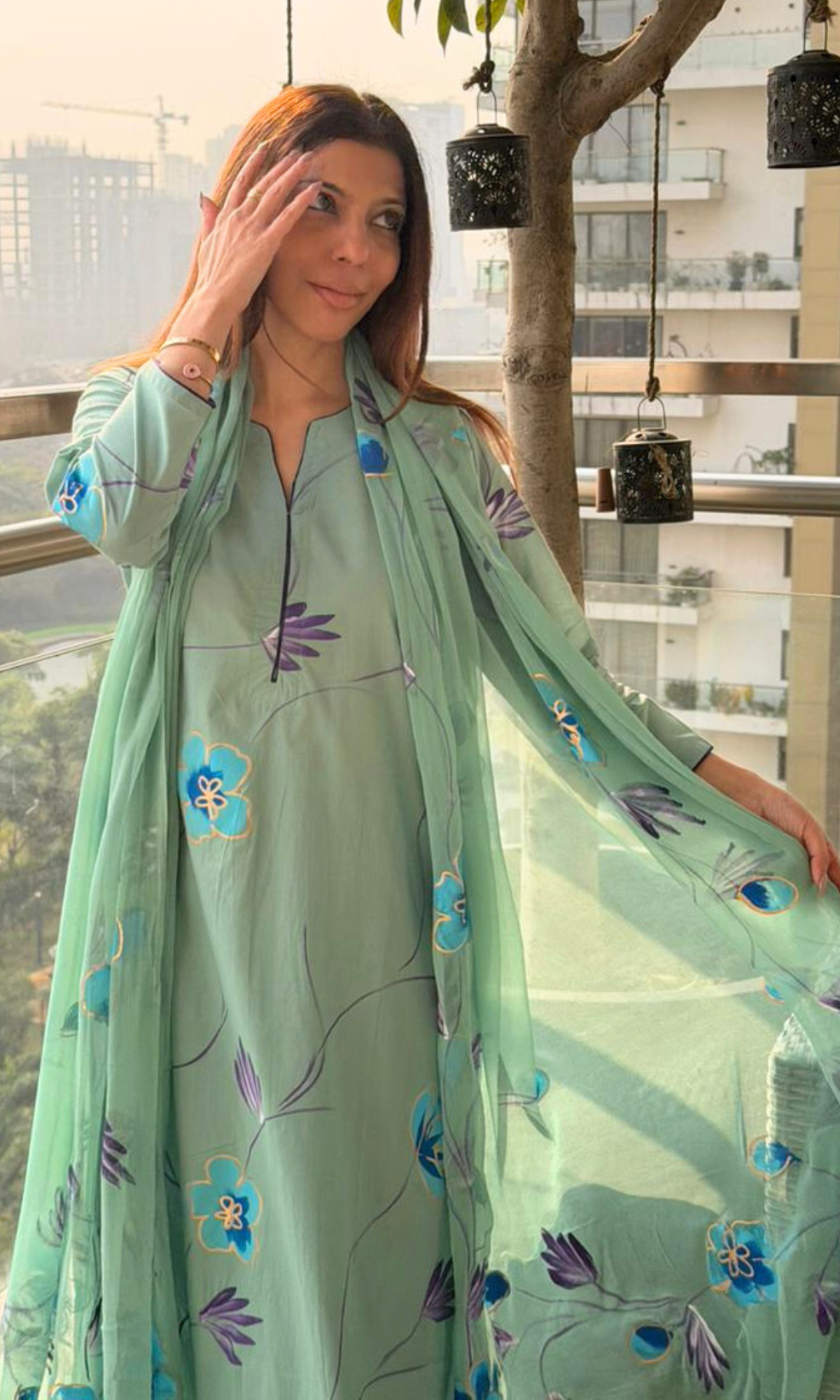 Mint Whisper Handbrush Painted Kurta, Cotton Pants & Chiffon Handpainted Dupatta