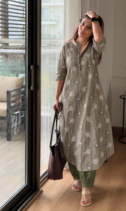 Olive Green Tulip Linen Blend Kurta with Cotton Baloon Pants