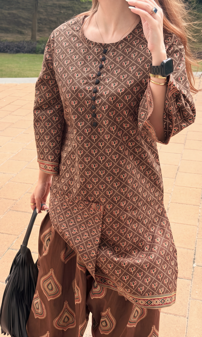 Brown Ajrakh Booti Kurta with Farshi