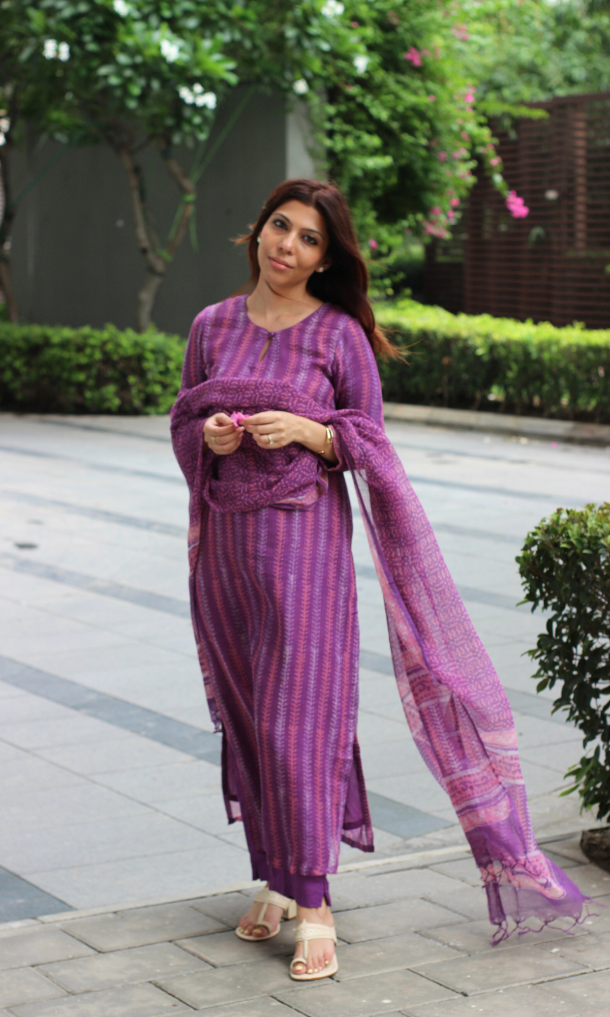 Kota Doria Plum Handblock Print Kurta, Dupatta with Cotton Pants