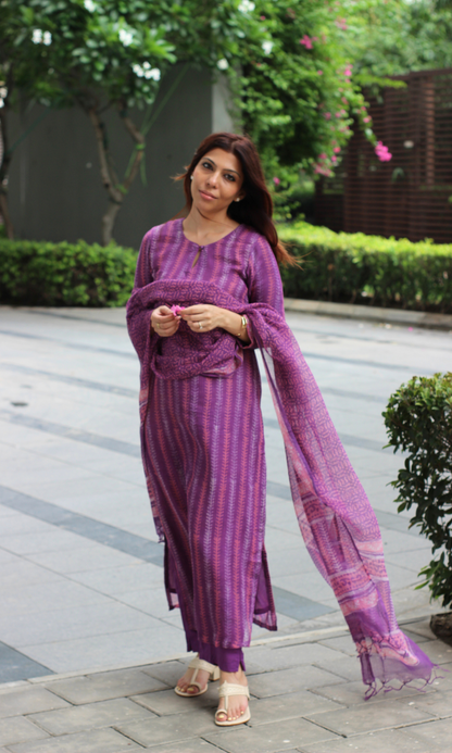 Kota Doria Plum Handblock Print Kurta, Dupatta with Cotton Pants