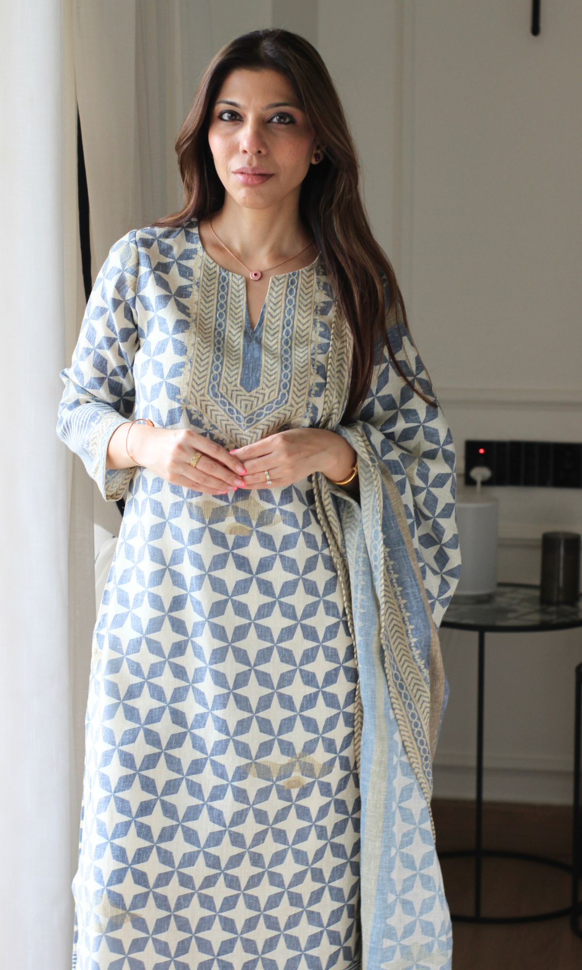 Linen Blend Beige Prism Print  Print Kurta , Dupatta with Cotton Pants