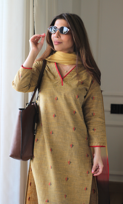 Copper & Red Handloom Cotton Dobby Kurta, Pant & Kota Doria Ombre Dupatta
