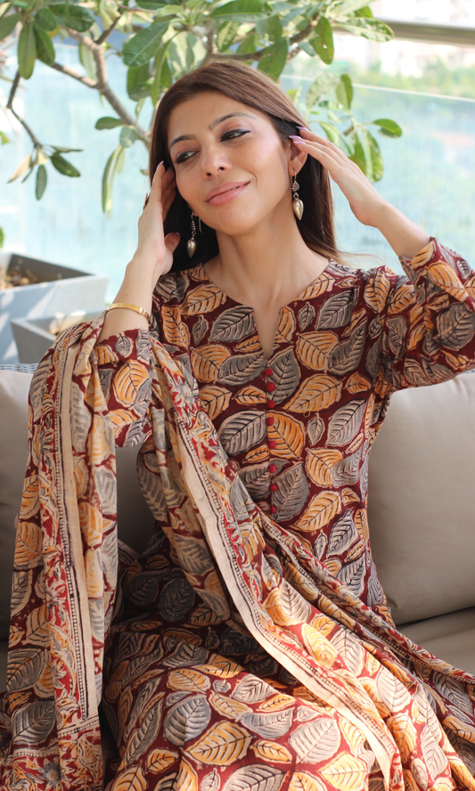 Deep Red Handblock Kalamkari Leaf Print Kurta, Dupatta & Cotton Pants