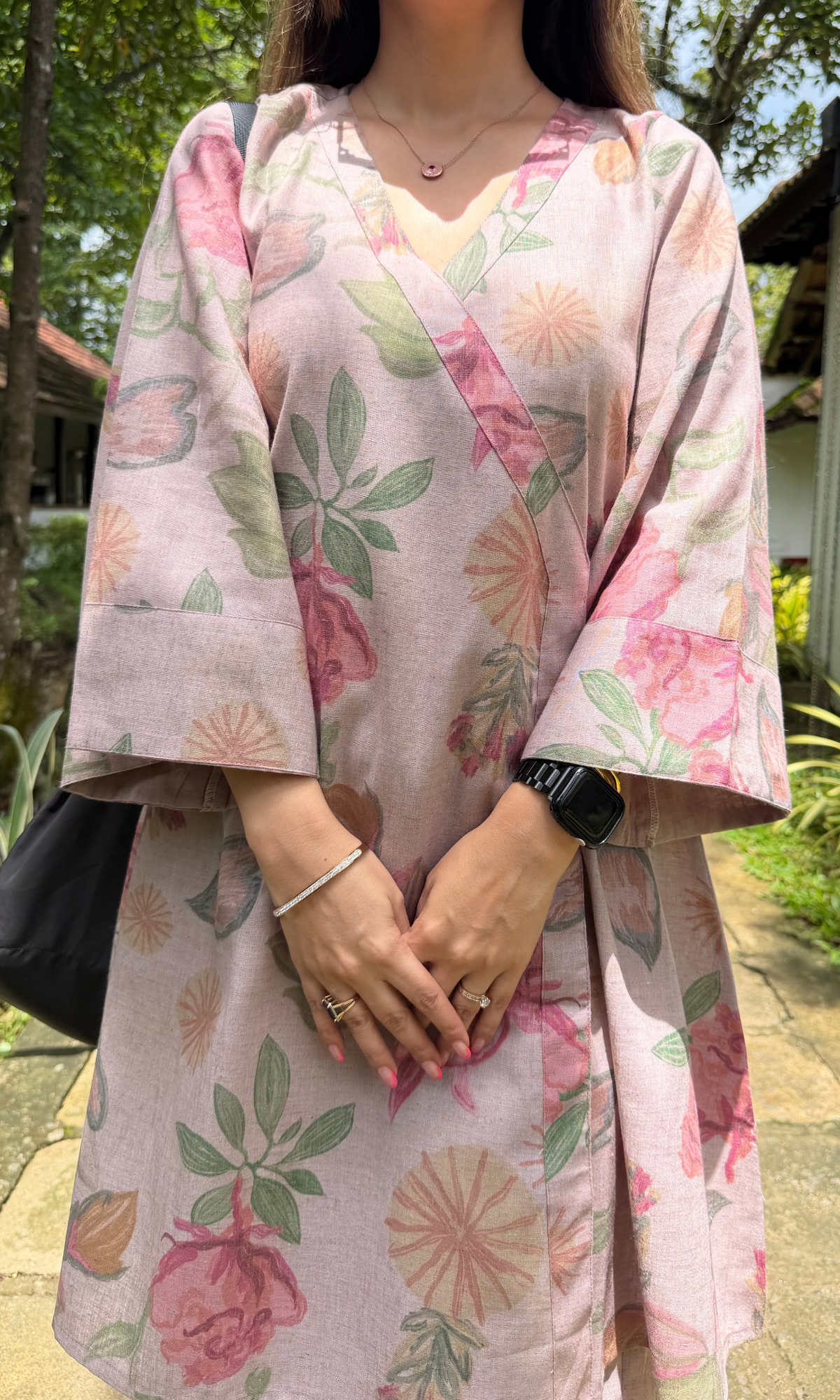 Dusty Pink Bloom Linen Blend Kimono Kurta with Linen Pants