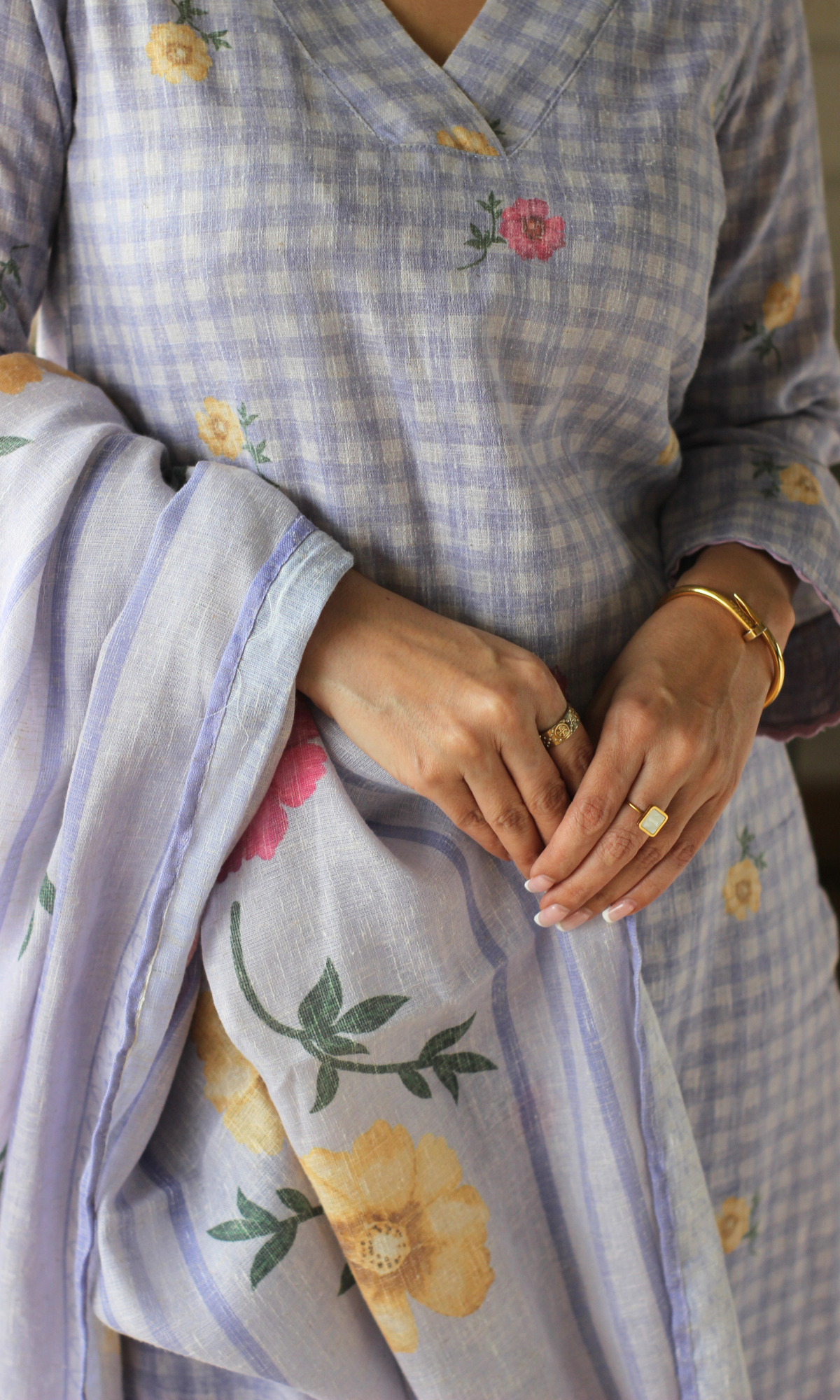 Lavender Checks Linen Blend Printed Kurta, Dupatta & Cotton Pants