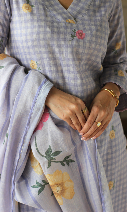Lavender Checks Linen Blend Printed Kurta, Dupatta & Cotton Pants