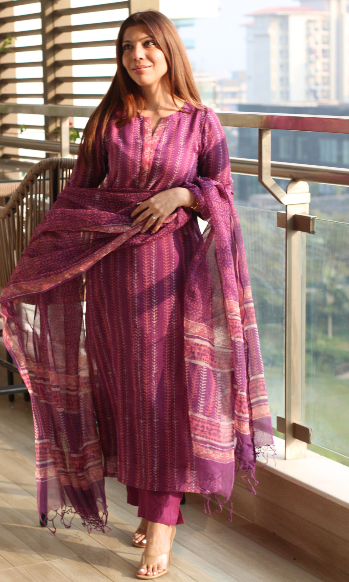 Kota Doria Majestic Mulberry Handblock Print Kurta and Dupatta with Cotton Pants