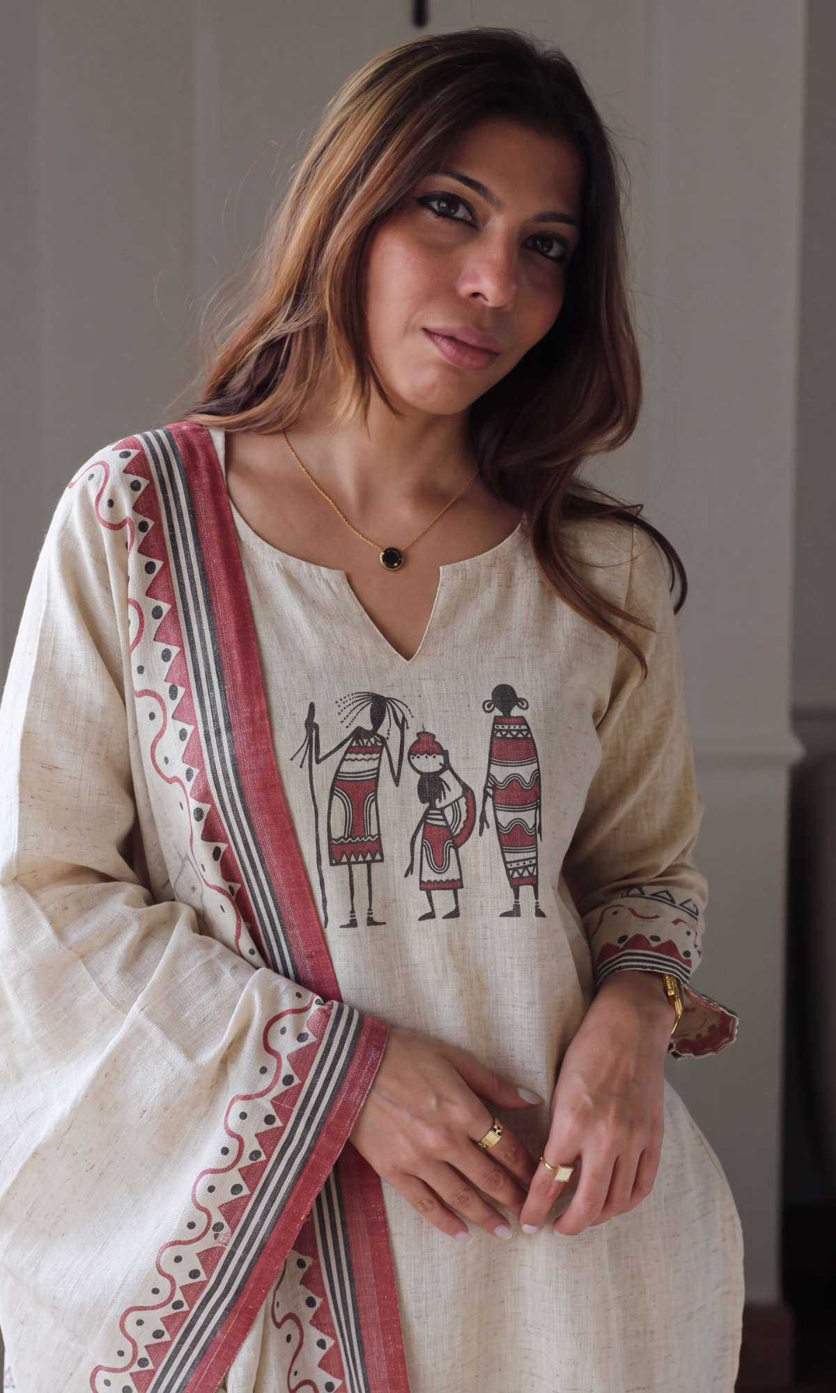 Vaari Linen Blend Printed Kurta, Dupatta & Cotton Pants