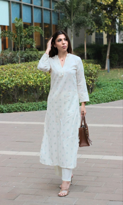 Oat Milk Cotton Dobby Pintex Collard Kurta with Pants