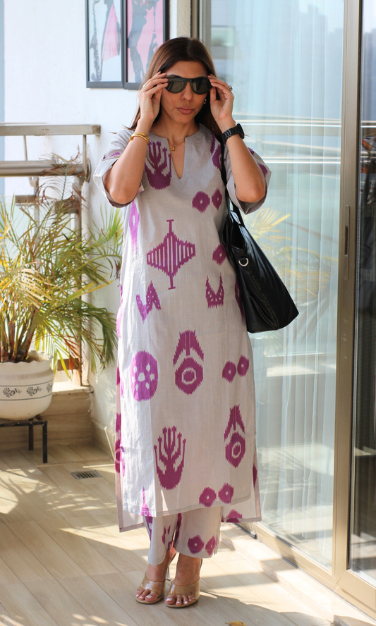 Ash Blue & Purple Nomad Print Cotton Low High Style Co-ord