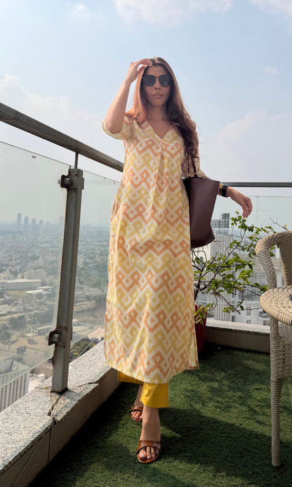 Summer Yellow Ikat Print Linen Blend Kurta & Cotton Pants