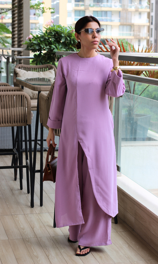 Misty Pink Boat Neck Front Slit Textured Co-ord