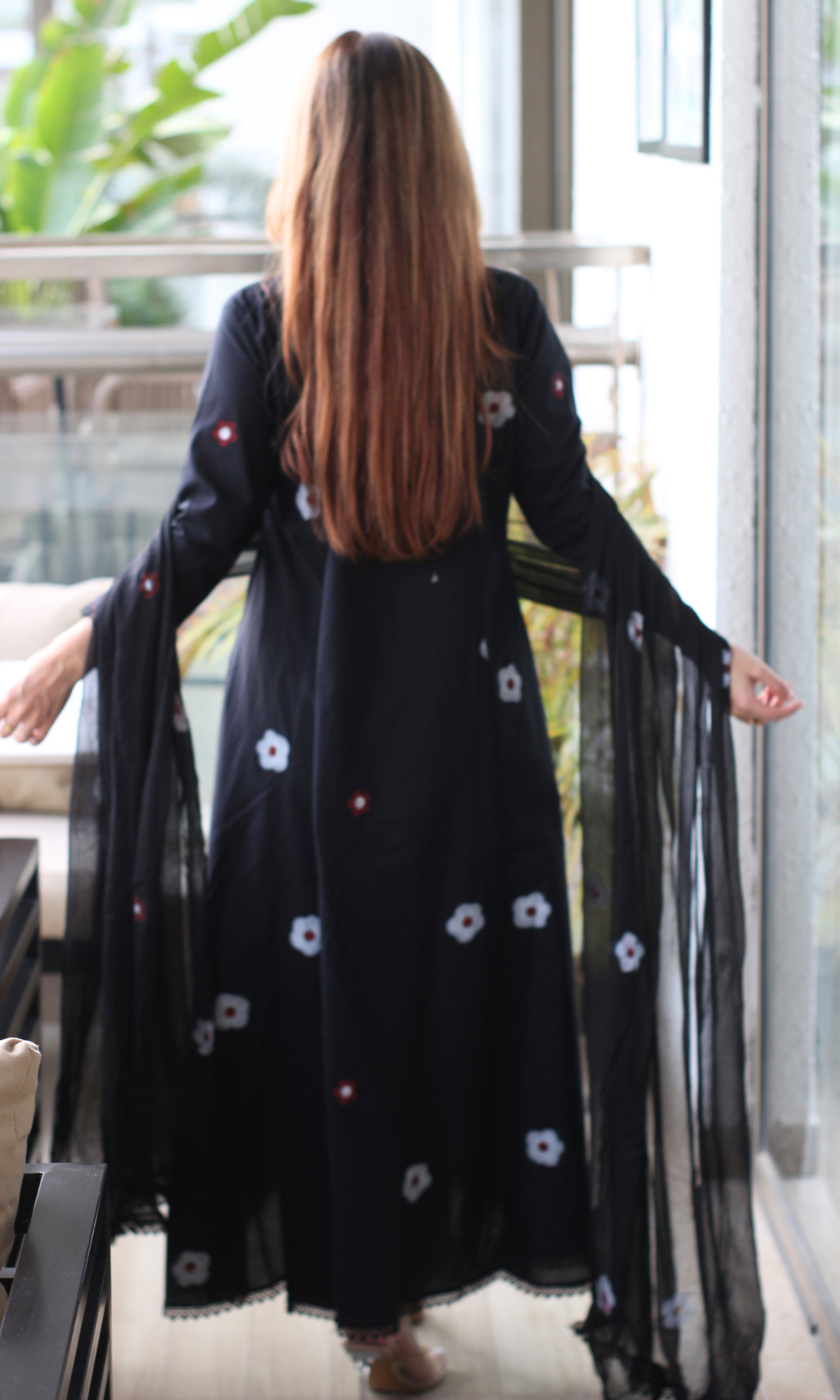 Florence Black A line Kurta with lace , Cotton Pants & Chiffon handpainted dupatta