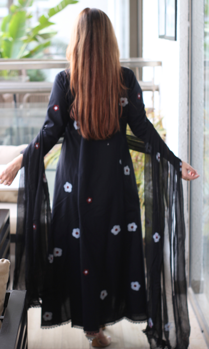 Florence Black A line Kurta with lace , Cotton Pants & Chiffon handpainted dupatta