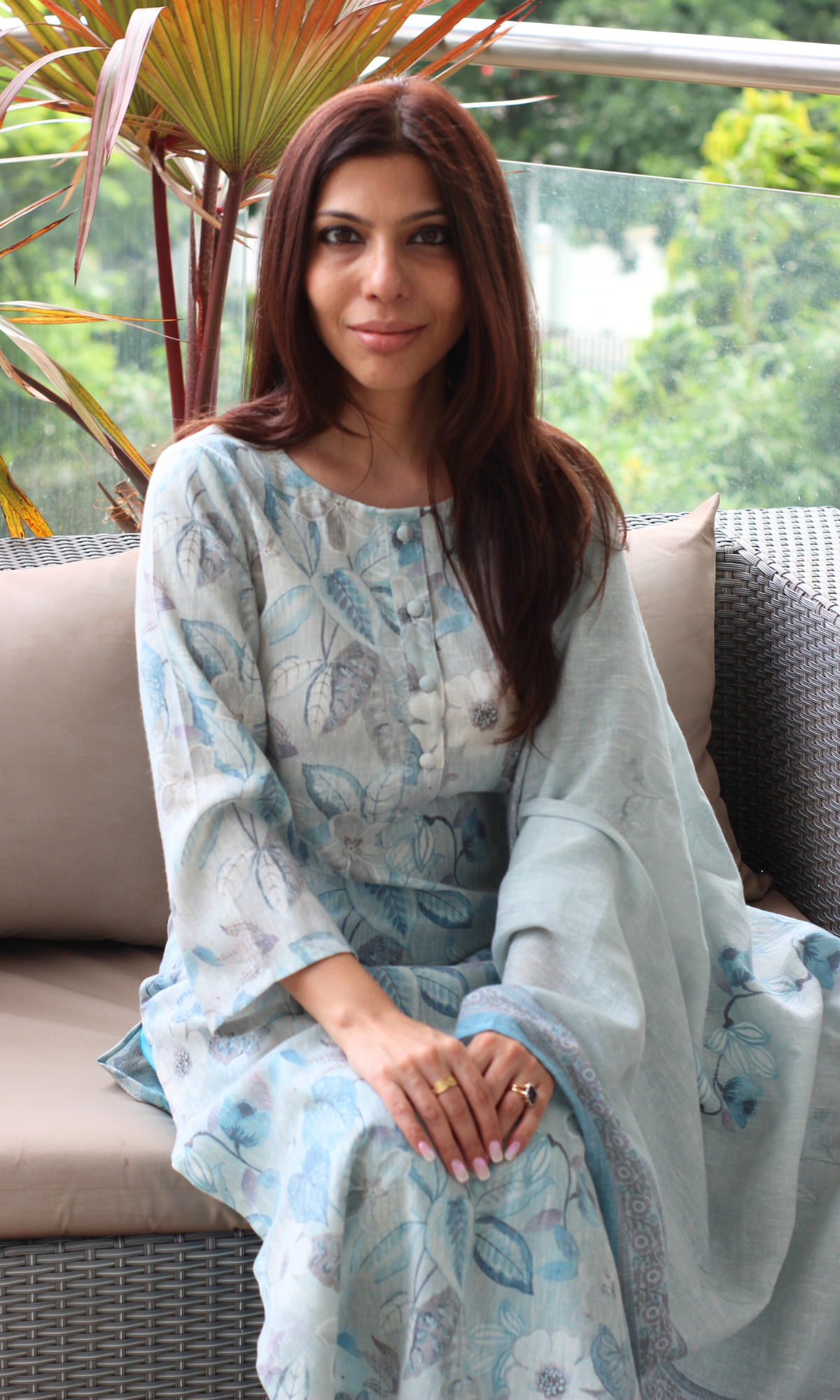 Duchessé Blue Linen Blend Printed Kurta , Dupatta & Cotton Bottoms