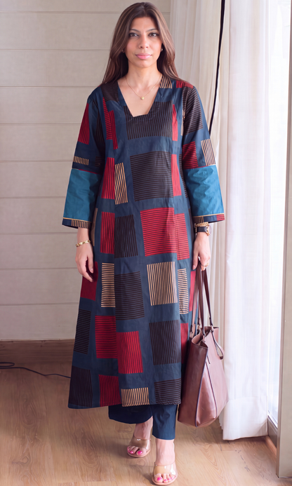 Teal Blue Box Print Kali Style High Low Kurta with Cotton Pants