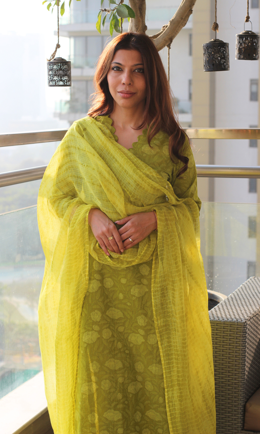 Lemon Olive Dabu Texture Cotton Kurta, Pant & Kota Doria Shibori Dupatta