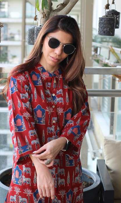 Red Fort Print Pathani Kurta & Pant