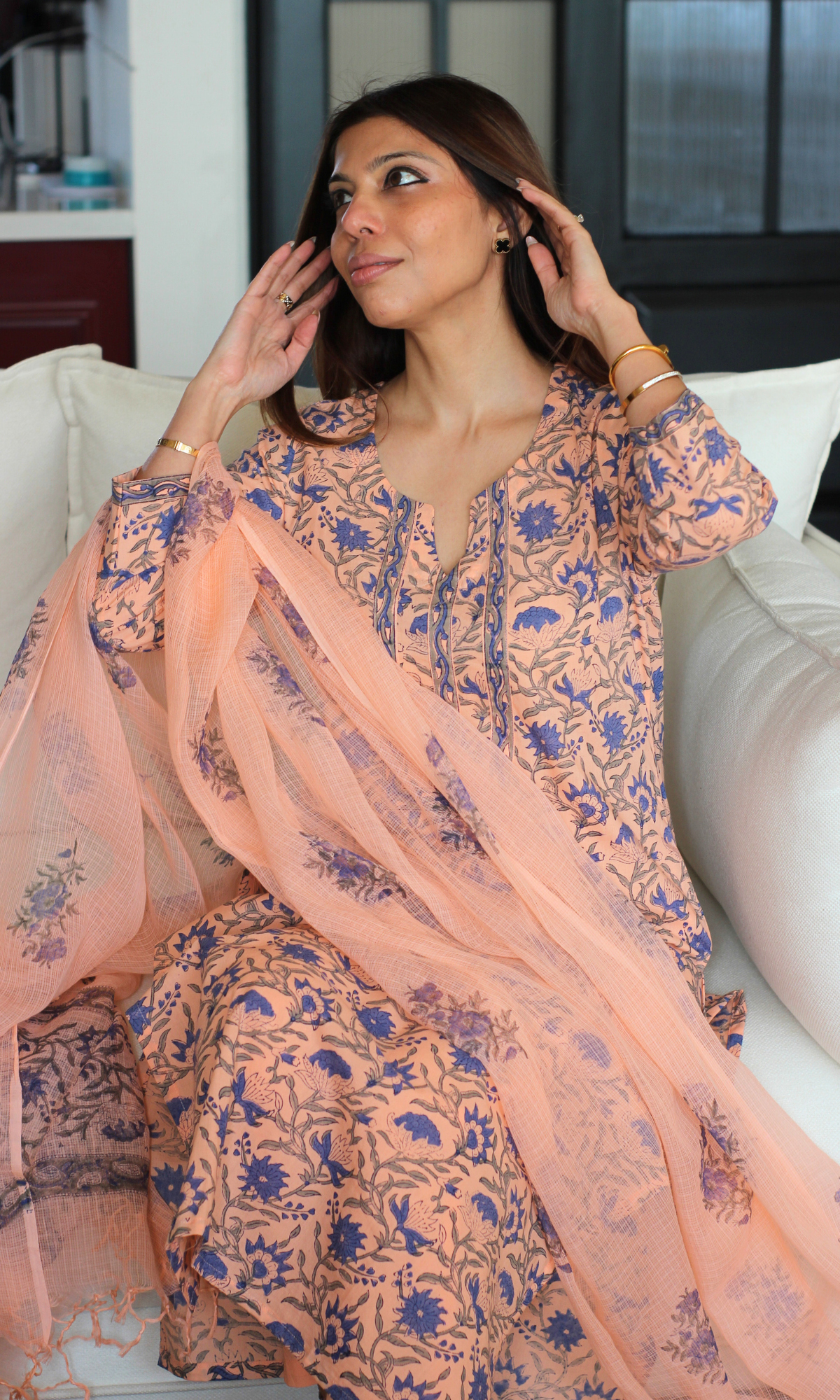 Peach Aabshaar Handblock Print Cotton Kurta, Pant & Kota Doria Dupatta