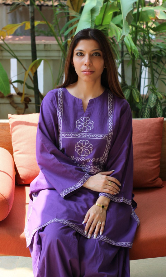 Purple Motif Print Kurta with Farshi Salwaar