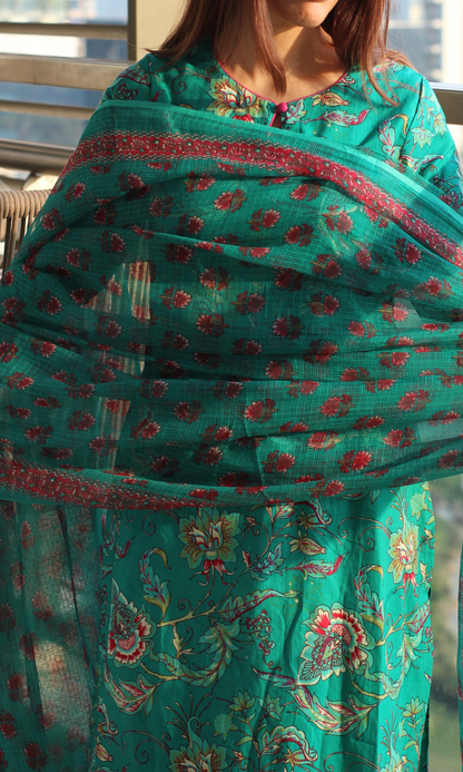 Green & Pink Jaal Print Cotton Kurta , Pant & Kota Doria Booti Dupatta