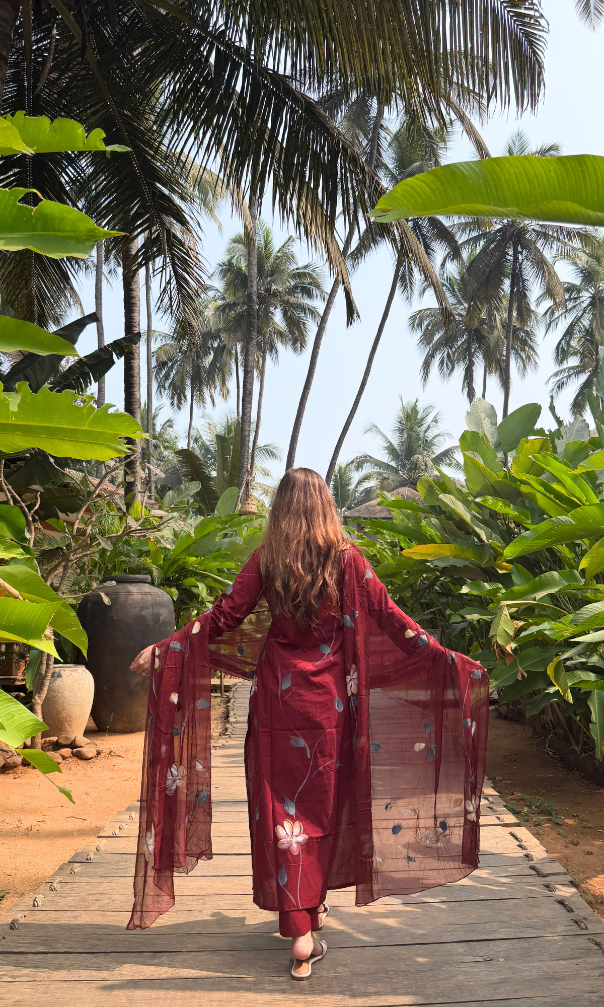 Maroon Zohra Handbrush Painted Kurta, Cotton Pants & Chiffon Handpainted Dupatta