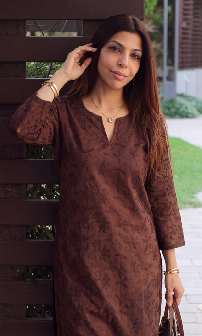 Dark Brown Overall Embroidered Kurta & Cotton Pants