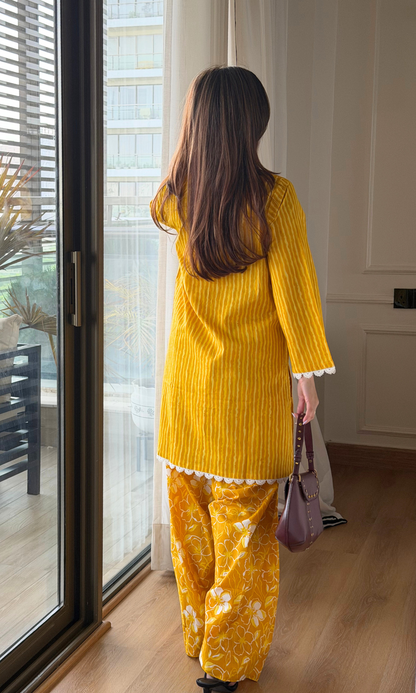 Cotton Yellow Striped Kurta with Floral Farshi Salwaar