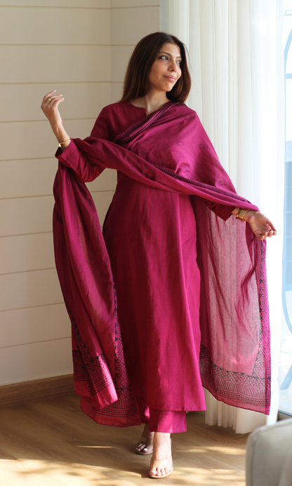 Cotton Slub Merlot Suit  with Mul Line Wave Dupatta