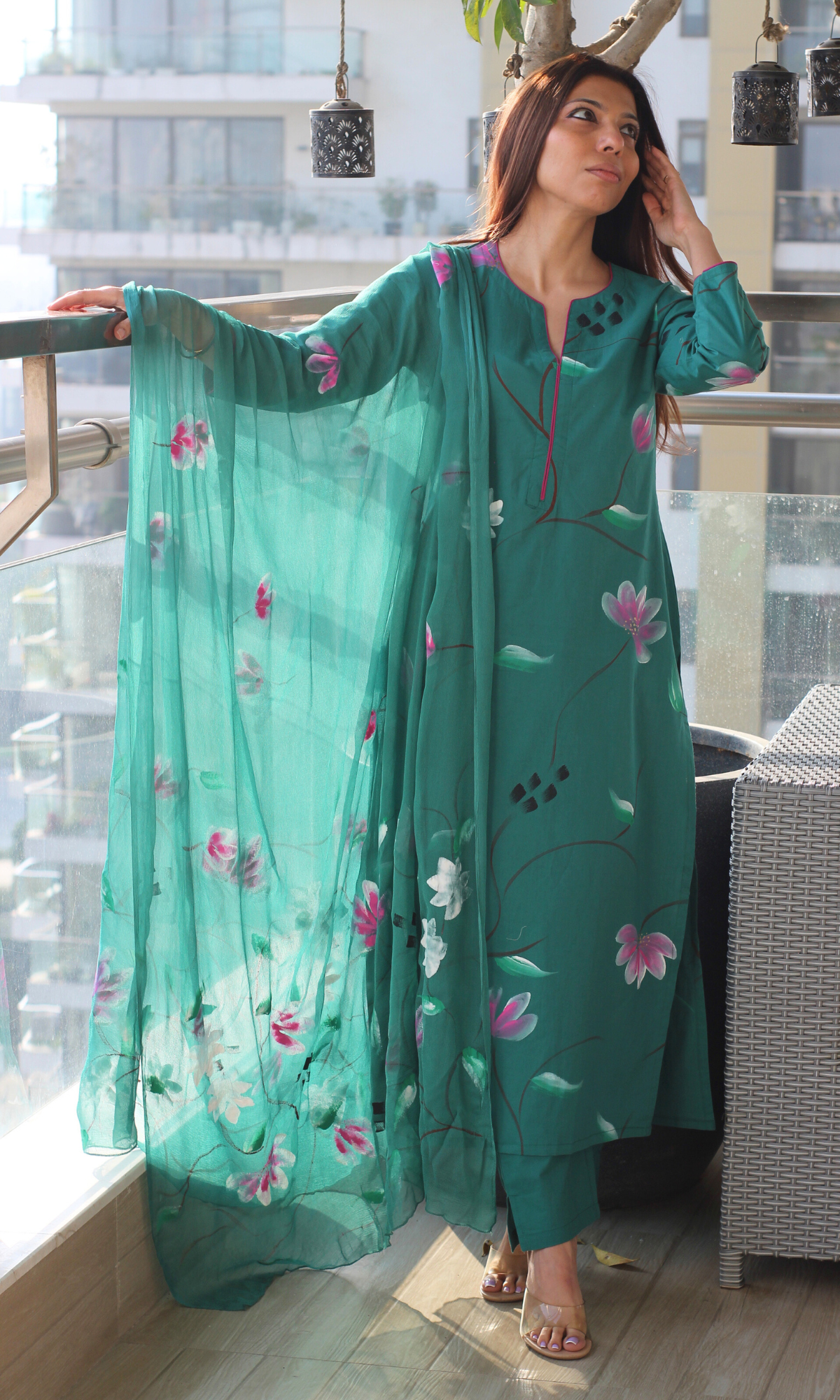 Cotton Emerald Teal Handbrush Painted Suit with Chiffon Handpainted Dupatta