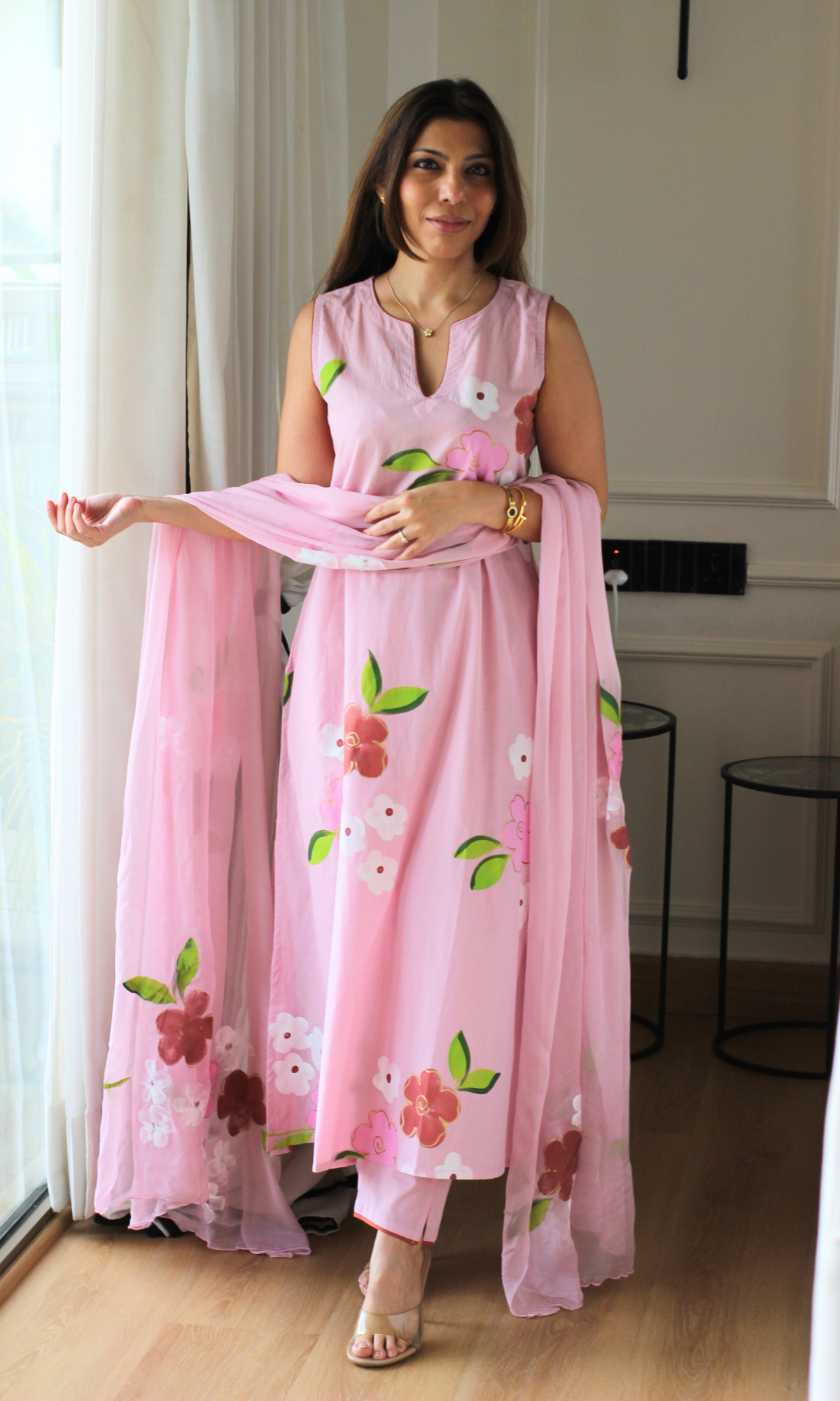 Daphne Pink Handbrush Painted A cut Sleeveless Kurta, Chiffon Dupatta & Cotton Pants