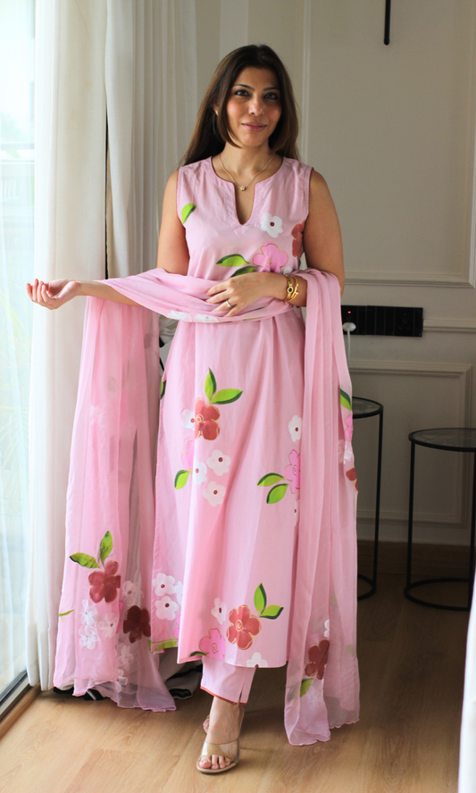 Daphne Pink Handbrush Painted A cut Sleeveless Kurta, Chiffon Dupatta & Cotton Pants