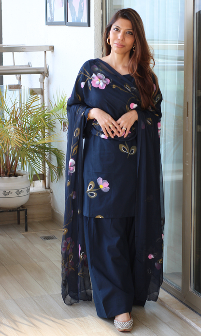 Cotton Navy Handbrush Painted Kurta, Chiffon Hand Painted Dupatta & Farshi Salwar