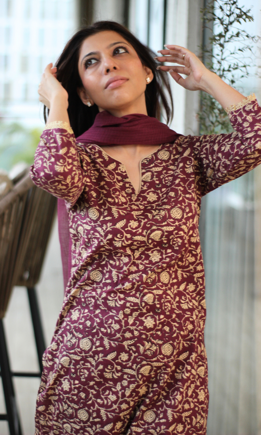 Sangria Baagh Printed Cotton Kurta, Pant & Kota Doria Dupatta