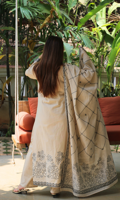 Beige & Black Loom Woven Kurta , Dupatta & Cotton Pants