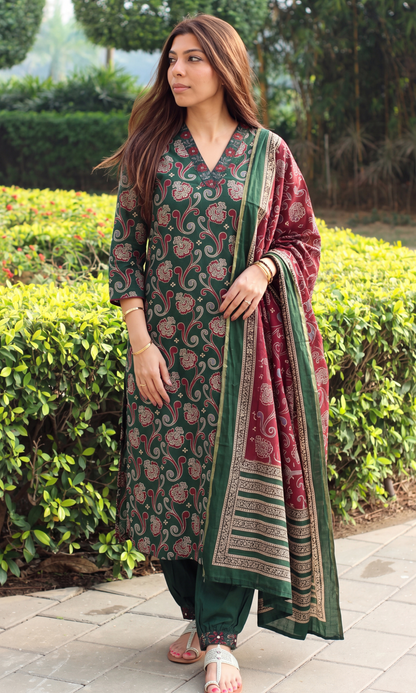Nazma Green Sanganeri Print Cotton Kurta,Dupatta & Cotton Pants