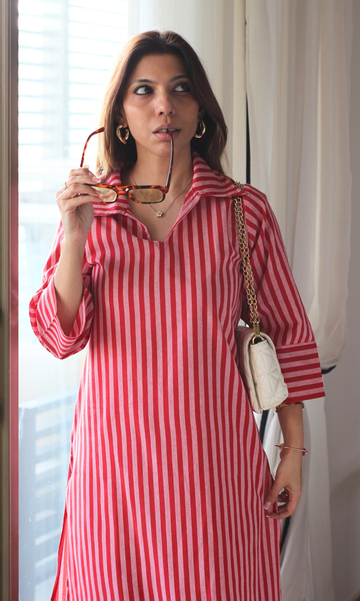 Red & Pink Striped Collared Handloom Cotton Coord