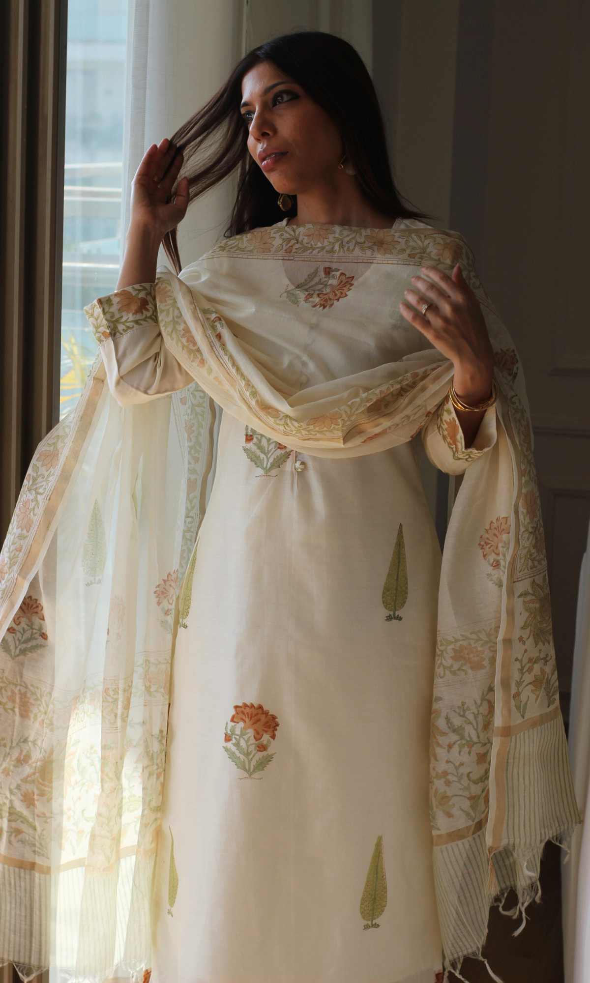 Saanjh Chanderi Silk Handblock Printed Kurta , Dupatta & Cotton Pants