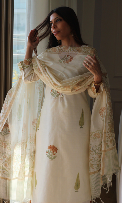 Saanjh Chanderi Silk Handblock Printed Kurta , Dupatta & Cotton Pants