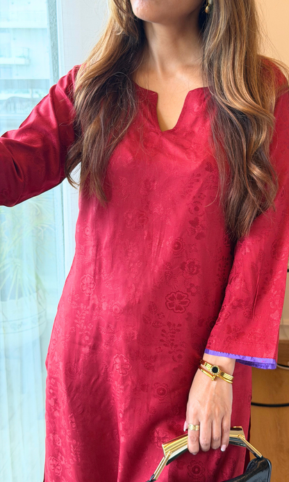Red Jaquard Silk Kurta with Santoon Pants