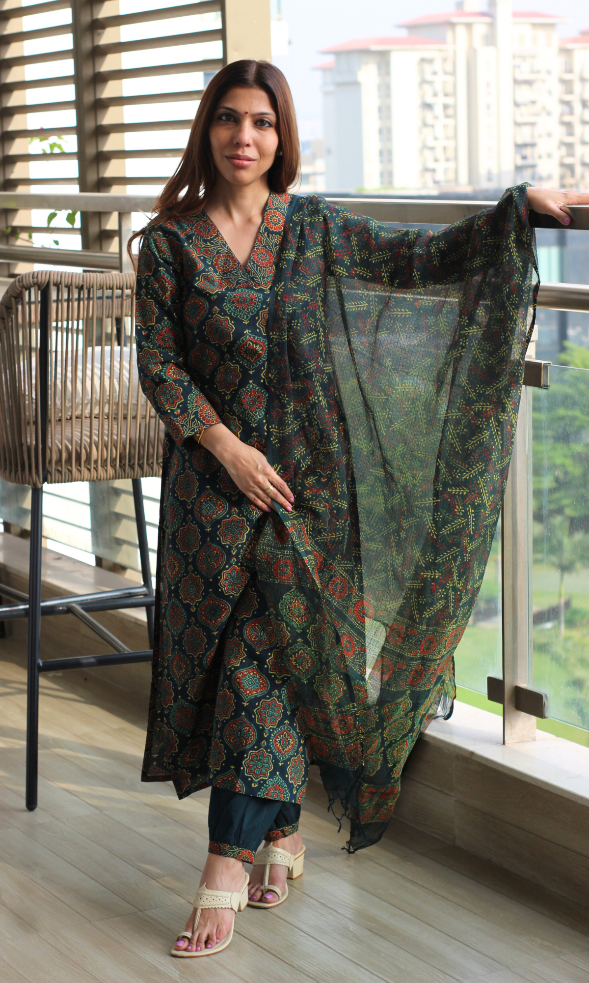 Badmeri Bottle Green Ajrakh Handblock Kurta, Kota Doria Handblock Dupatta & Cotton Afgani Pants