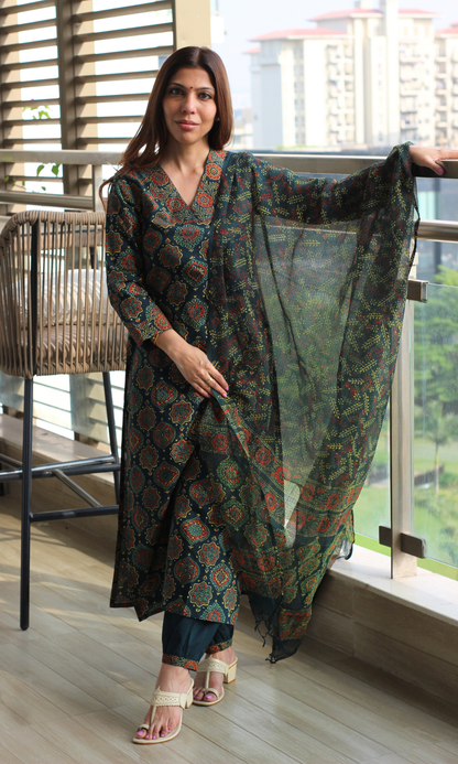 Badmeri Bottle Green Ajrakh Handblock Kurta, Kota Doria Handblock Dupatta & Cotton Afgani Pants