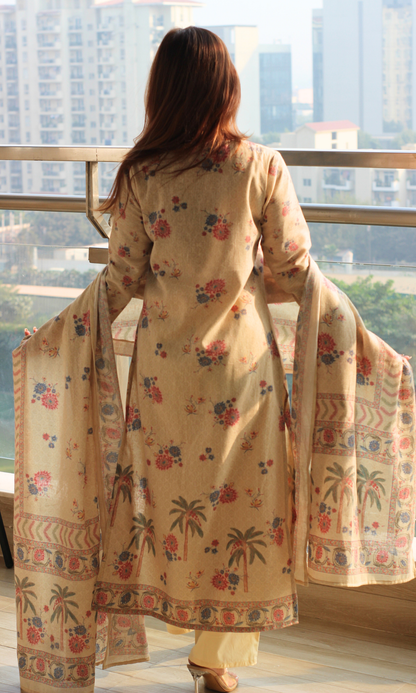 Beige Paradise Linen Blend Kurta, Dupatta & Cotton Pants