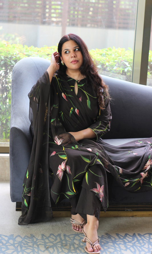 Chocolate Brown Handbrush Painted Kurta, Cotton Pants & Chiffon Handpainted Dupatta
